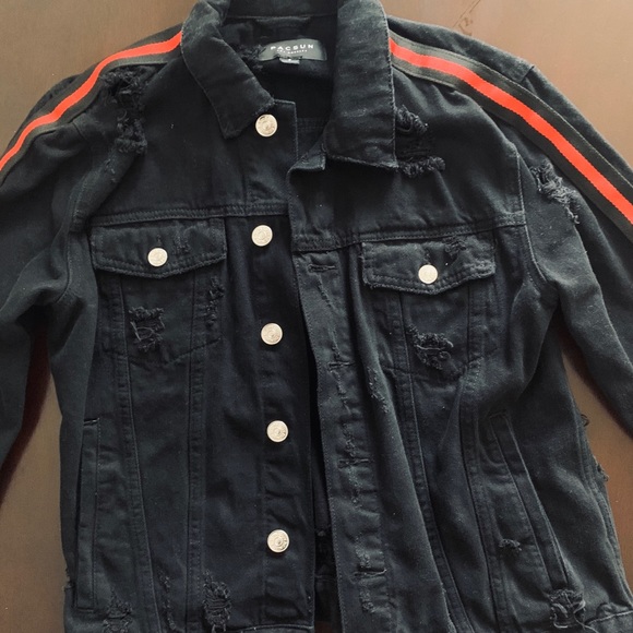 Pacsun Blk Jean Jacket W/ Red Stripe (Pre-ripped) - Picture 2 of 3